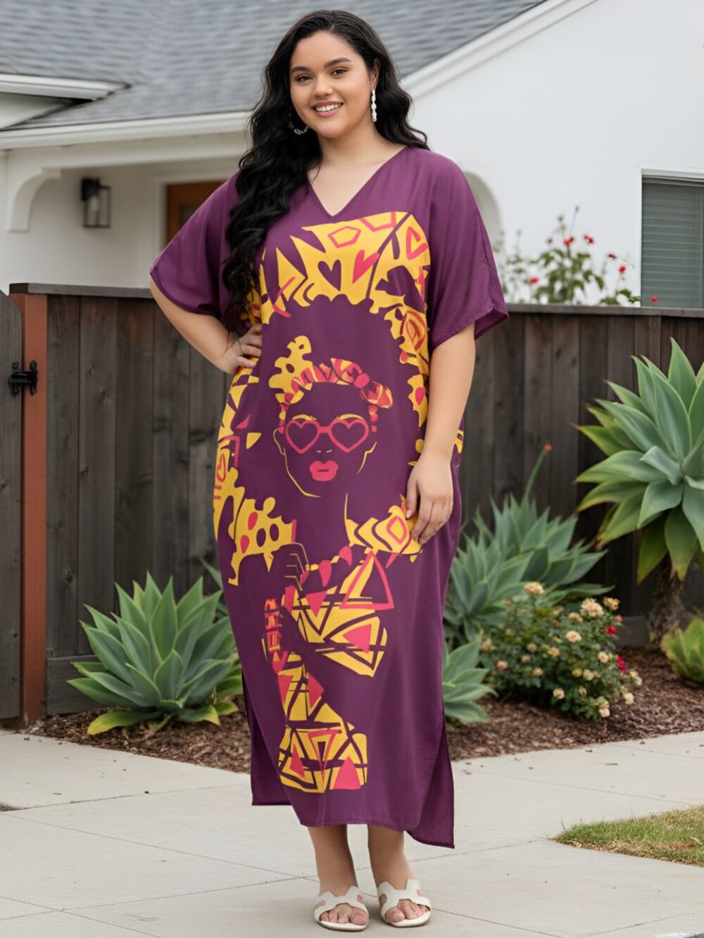 Women Plus Size Maroon Caftan Dress Summer Wear Polyester Maxi Dresses for Party